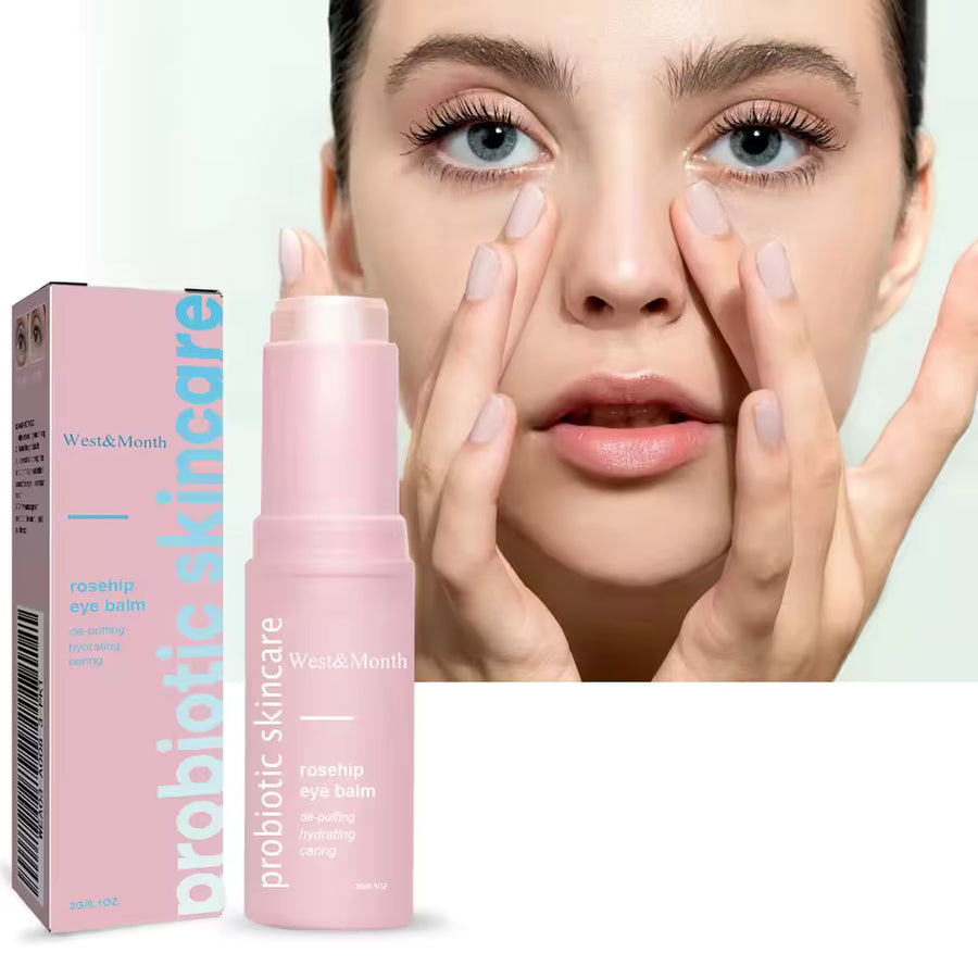 Baume contour des yeux illuminateur à la rose musquée, stick réparateur éclat pour un regard lumineux et une réduction instantanée des rides, poches, cernes et gonflements.