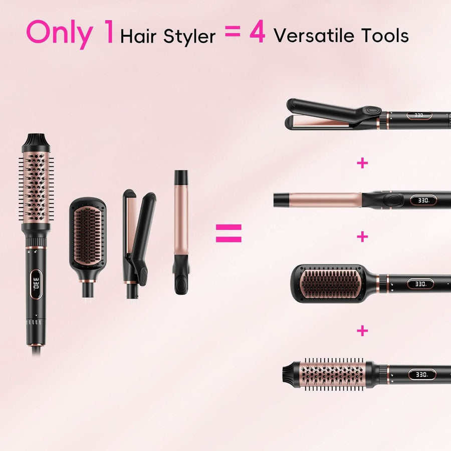 Hair Straightening Brush Set with Thermal Brush Flat Iron, 1 Inch Ceramic Curling Iron, 5 Adjustable Temps Professional Fast Heat with Glove, Dual Voltage for Travel - Sccoti