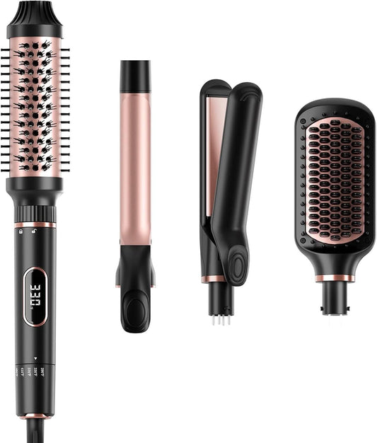 Hair Straightening Brush Set with Thermal Brush Flat Iron, 1 Inch Ceramic Curling Iron, 5 Adjustable Temps Professional Fast Heat with Glove, Dual Voltage for Travel - Sccoti
